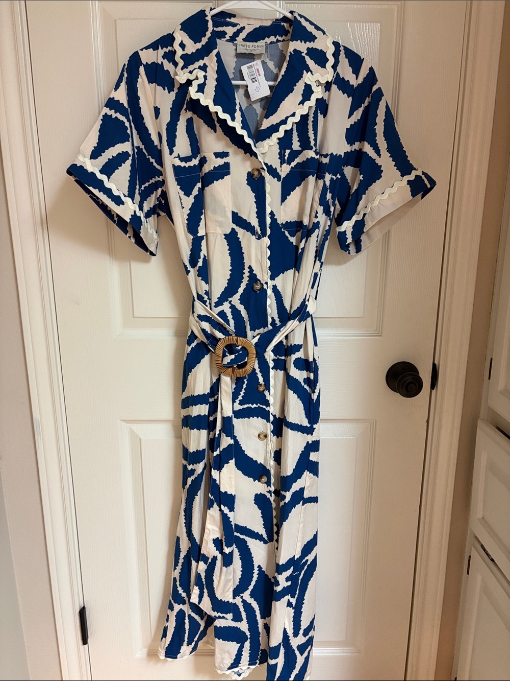 Dress Forum Blue and White Midi Shirt Dress with Belt